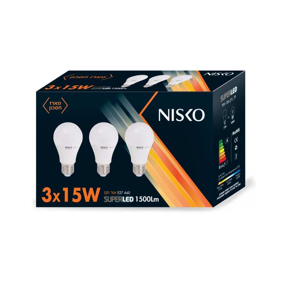 שלישיית נורות ליבון לד E27 15W אור חם