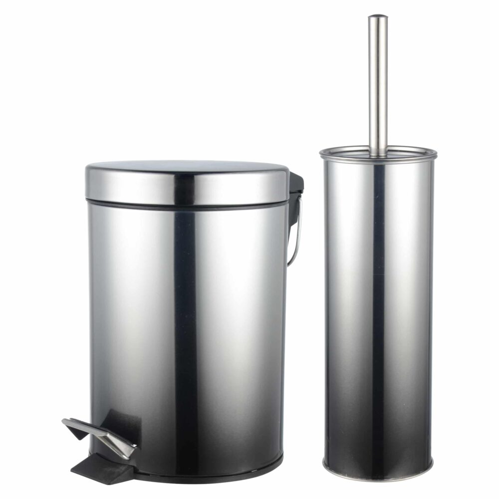 פח אשפה עגול עם דוושה 3 ליטר + מברשת לניקוי אסלה ניקל אפור AQUILA