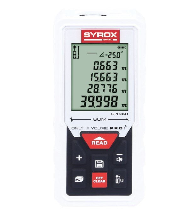 מד טווח לייזר עד 60 מטר כולל מד מעלות פלס SYROX